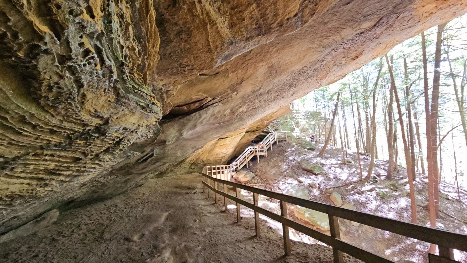 Trail railings curving beneath a huge rock overhang in Hocking Hills State Park