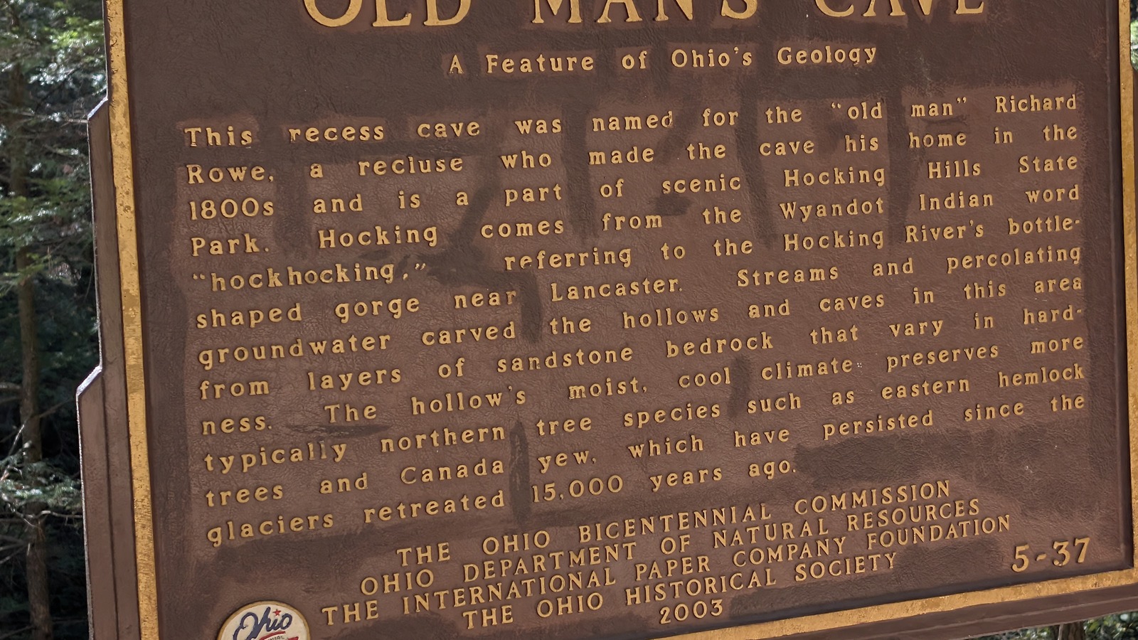 Ohio historical marker for Old Man’s Cave at Hocking Hills State Park