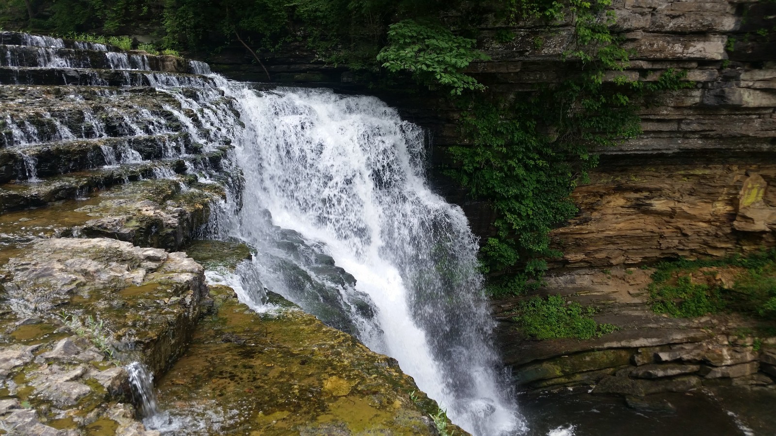 Upper cascade of Cummins Falls pouring beside a layered rock ledge.