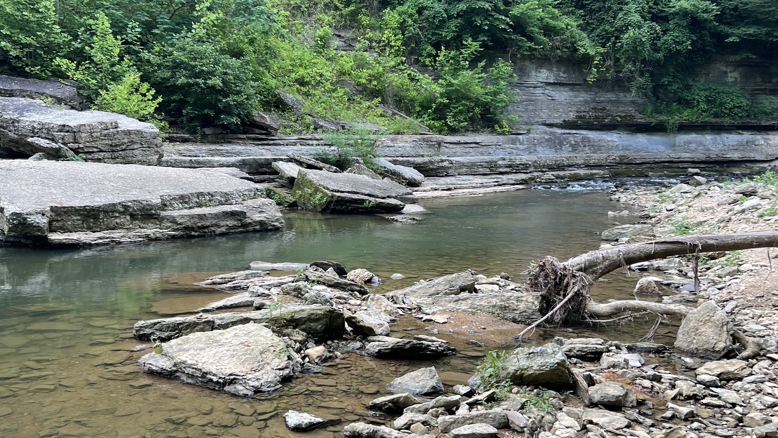 Flat river shelves and shallow pools below the bluffs at Cummins Falls State Park.