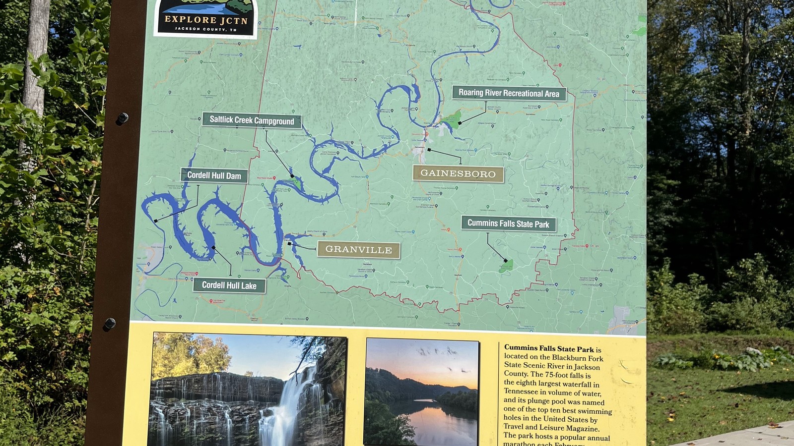 Trail map board showing routes and landmarks at Cummins Falls State Park.