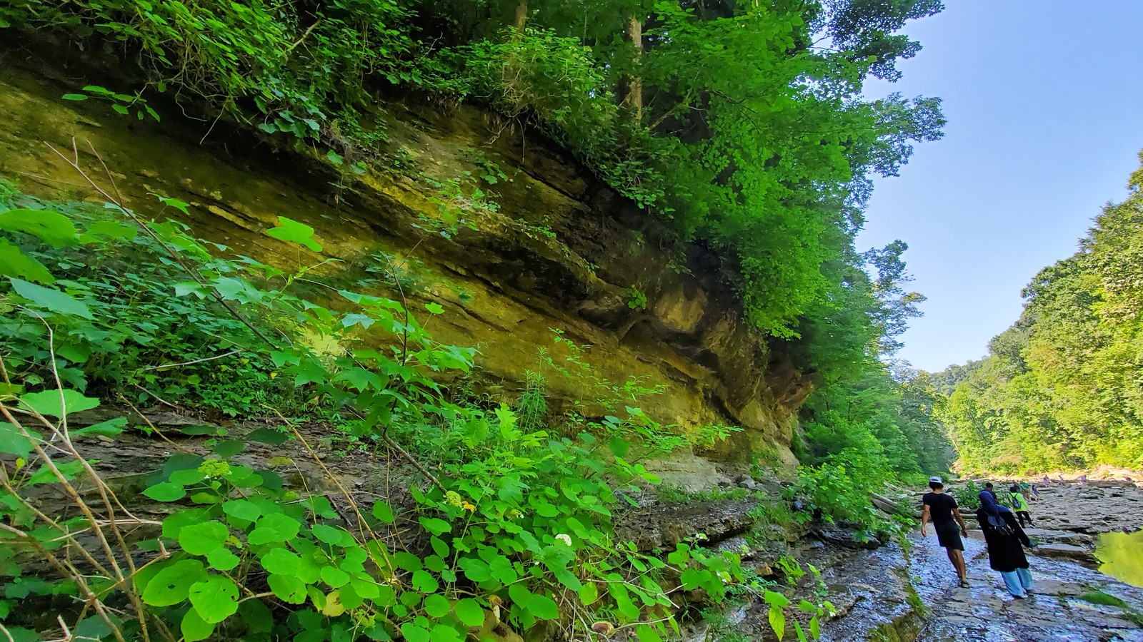 River walk beneath bright green bluffs inside the Cummins Falls gorge.