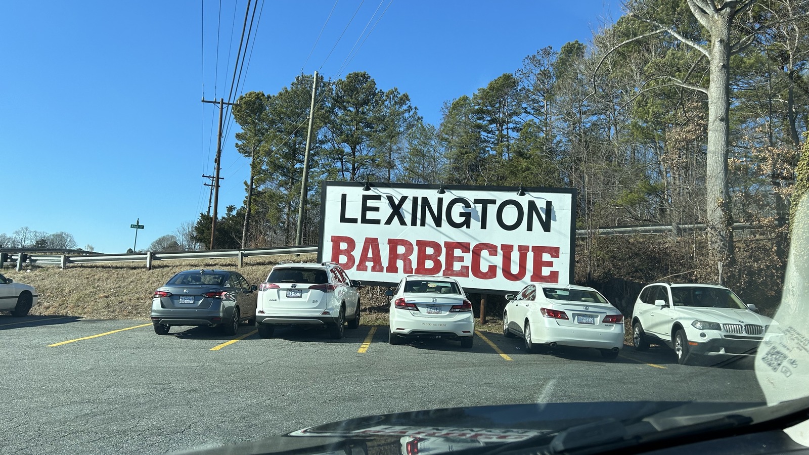 Large Lexington Barbecue roadside sign above the parking area in Lexington, North Carolina