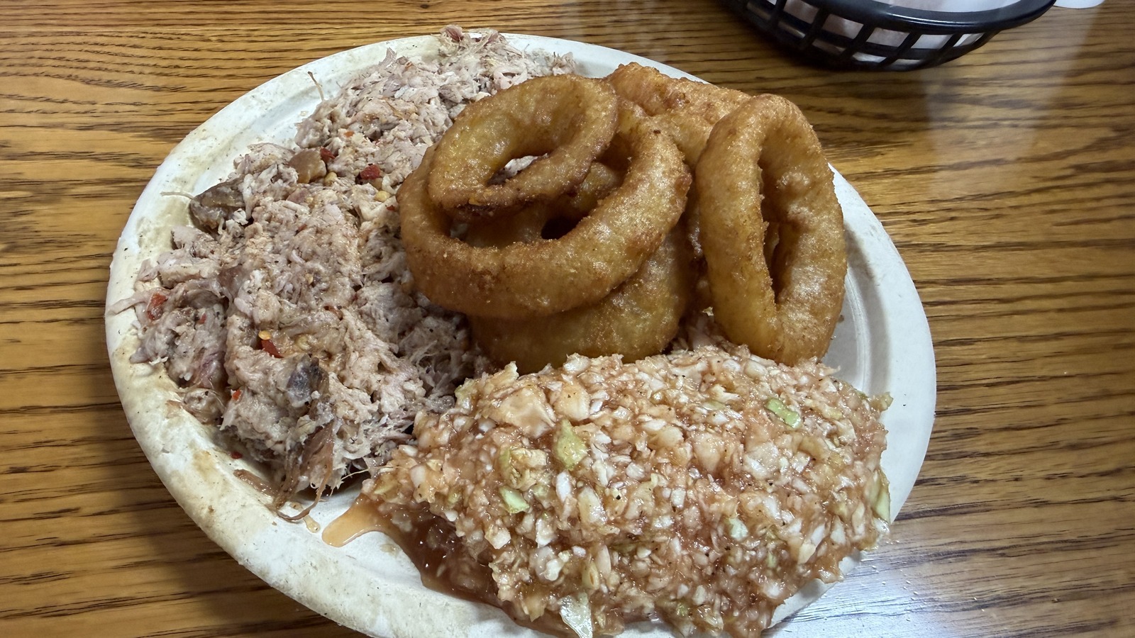 Barbecue plate with onion rings and red slaw at Lexington Barbecue