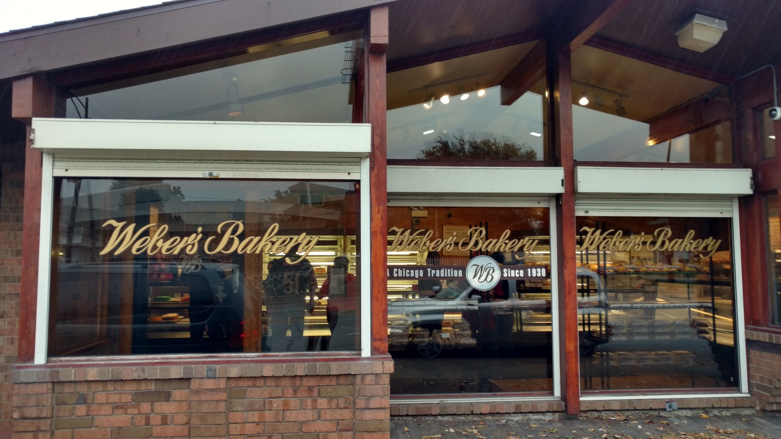 Front windows of Weber's Bakery on Archer Avenue in Chicago