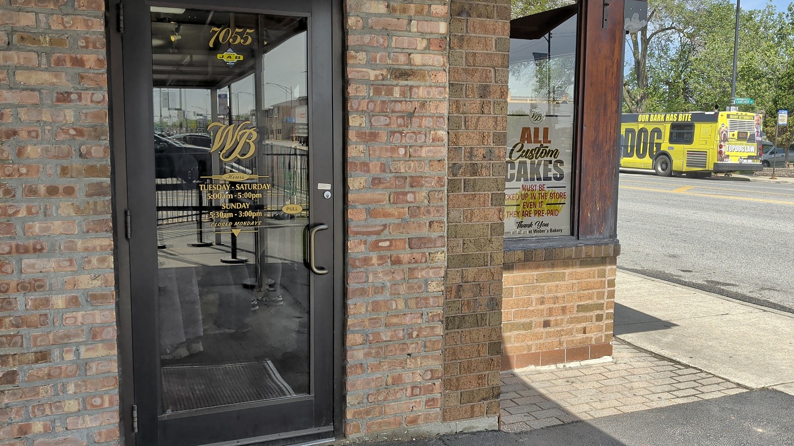 Front door and hours at Weber's Bakery on Archer Avenue