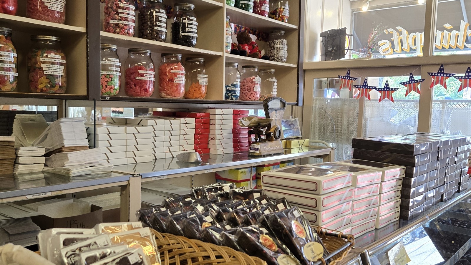 Boxed sweets and candy counter displays inside Schimpff's Confectionery