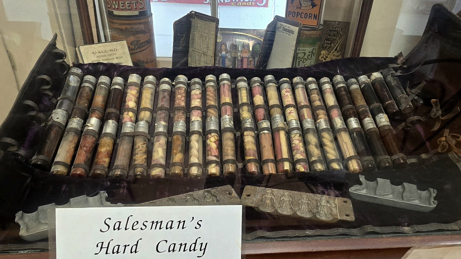Vintage boxed-candy display inside the Schimpff's candy museum