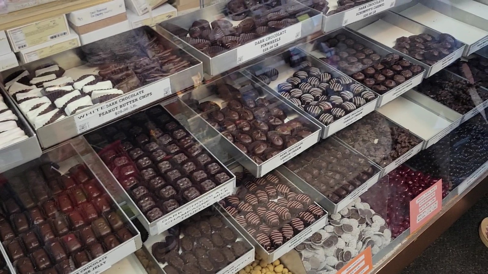 Case of hand-dipped chocolates and cream centers at Schimpff's Confectionery