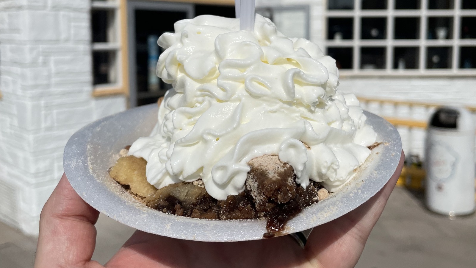 Slice of Dutch Haven shoo-fly pie topped with whipped cream outside the bakery.