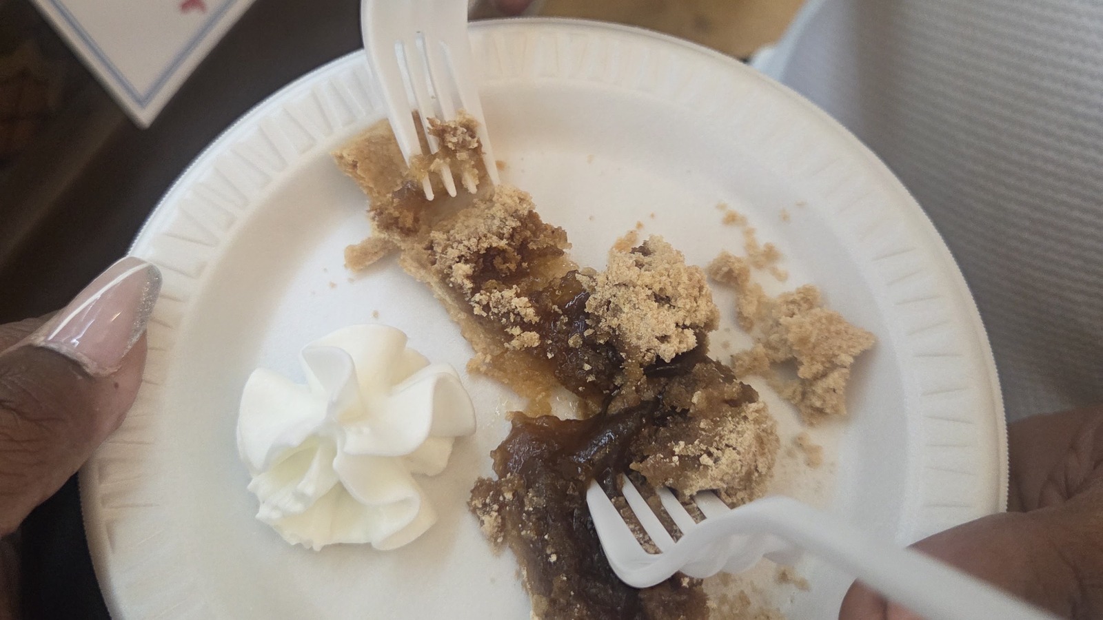 Close view of crumb-topped shoo-fly pie with molasses filling in a small tin.