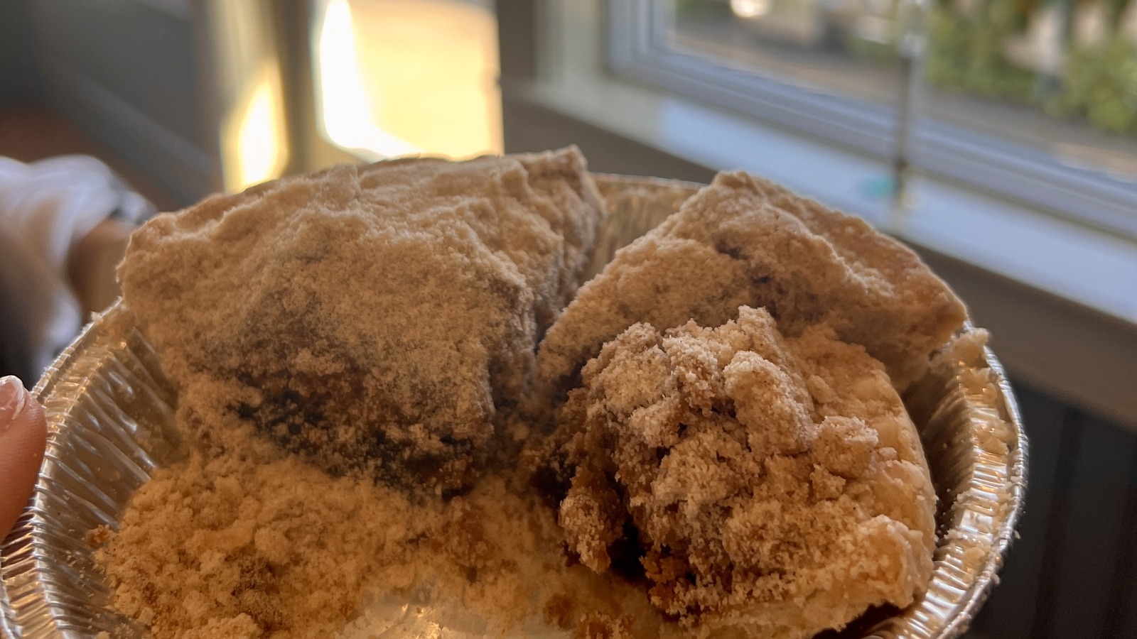 Mini shoo-fly pie near a sunny window inside Dutch Haven.