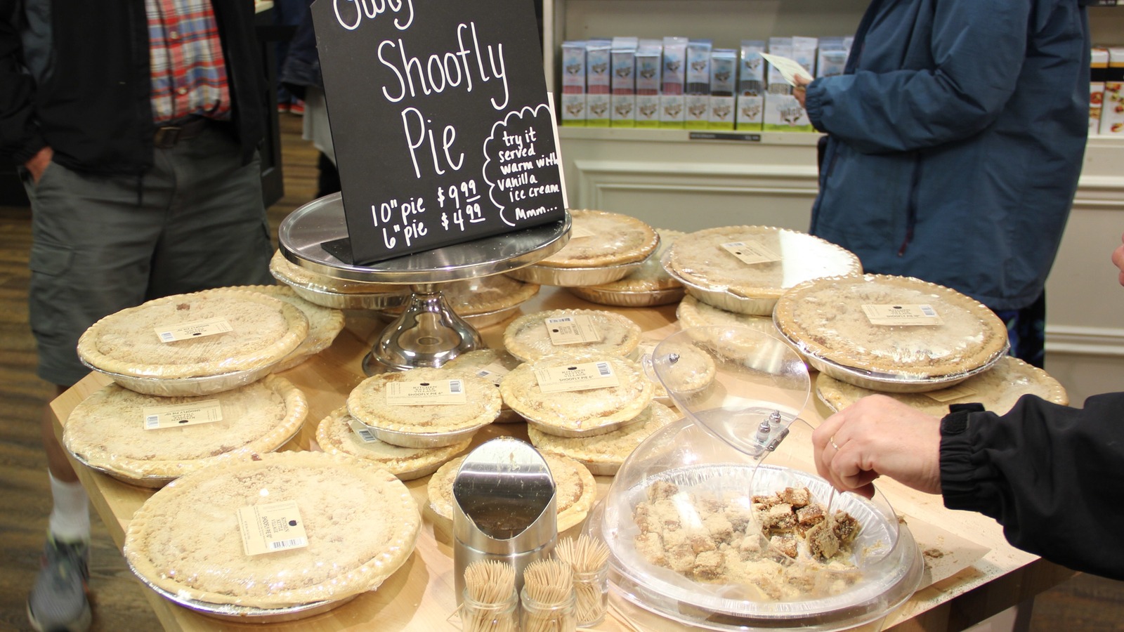 Whole Dutch Haven shoo-fly pies arranged around the sample table.