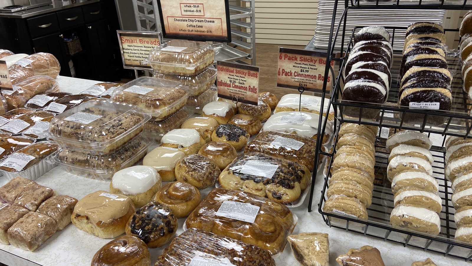 Whoopie pies, cookies, and bread racks inside Bird-in-Hand Bake Shop