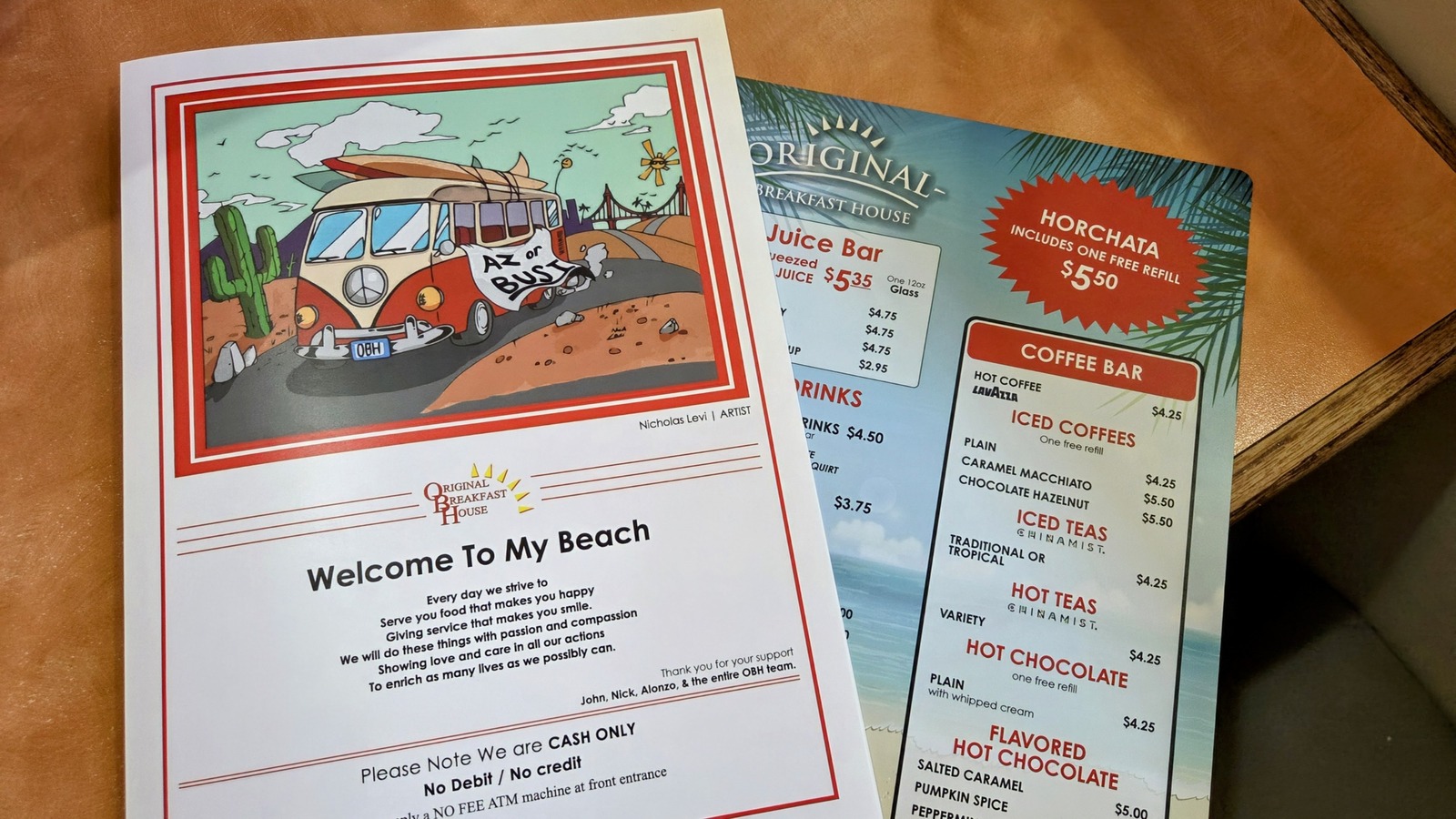 Welcome To My Beach tabletop card and coffee menu at Original Breakfast House