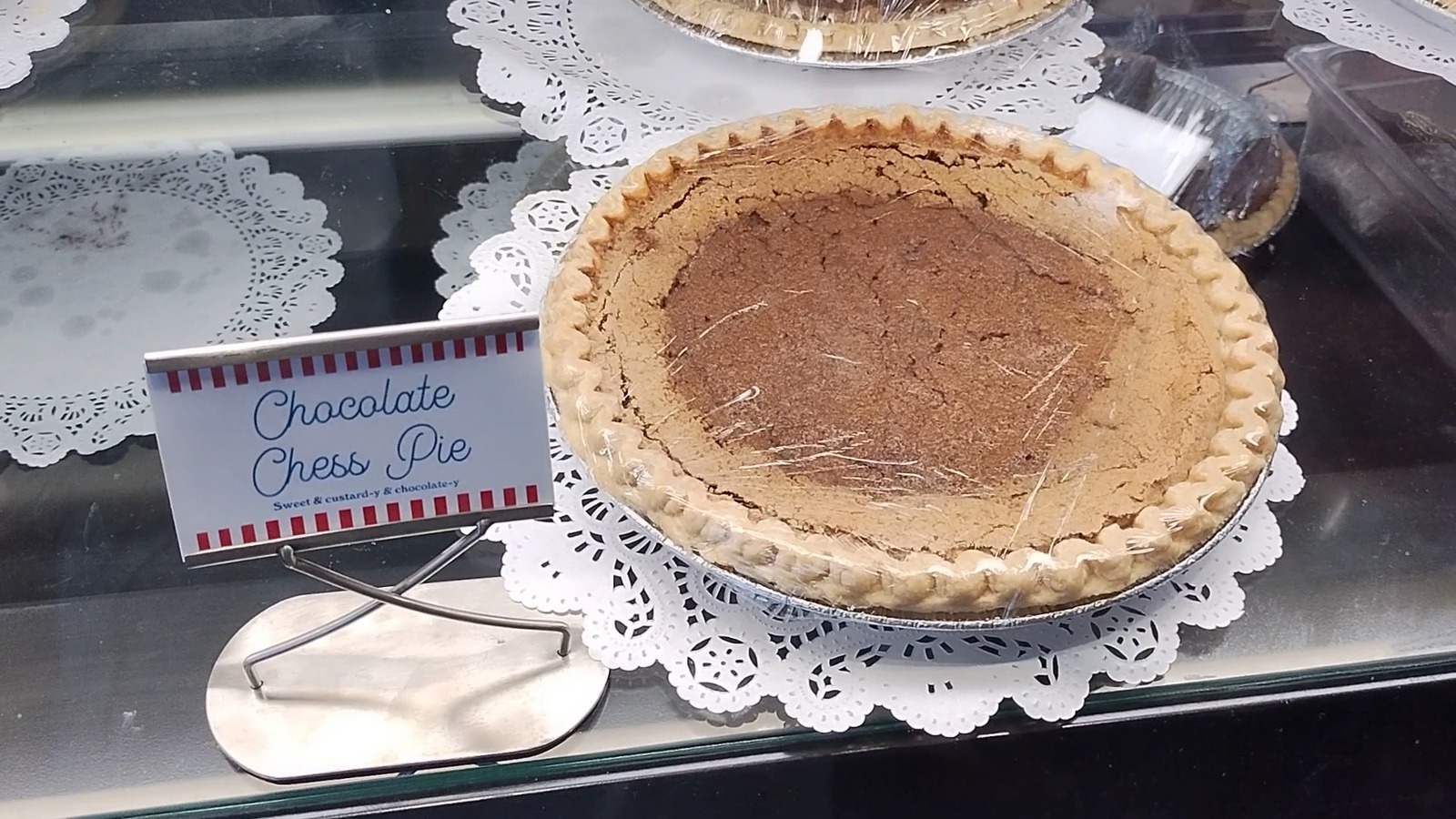 Chocolate chess pie in the dessert case at Elliston Place Soda Shop