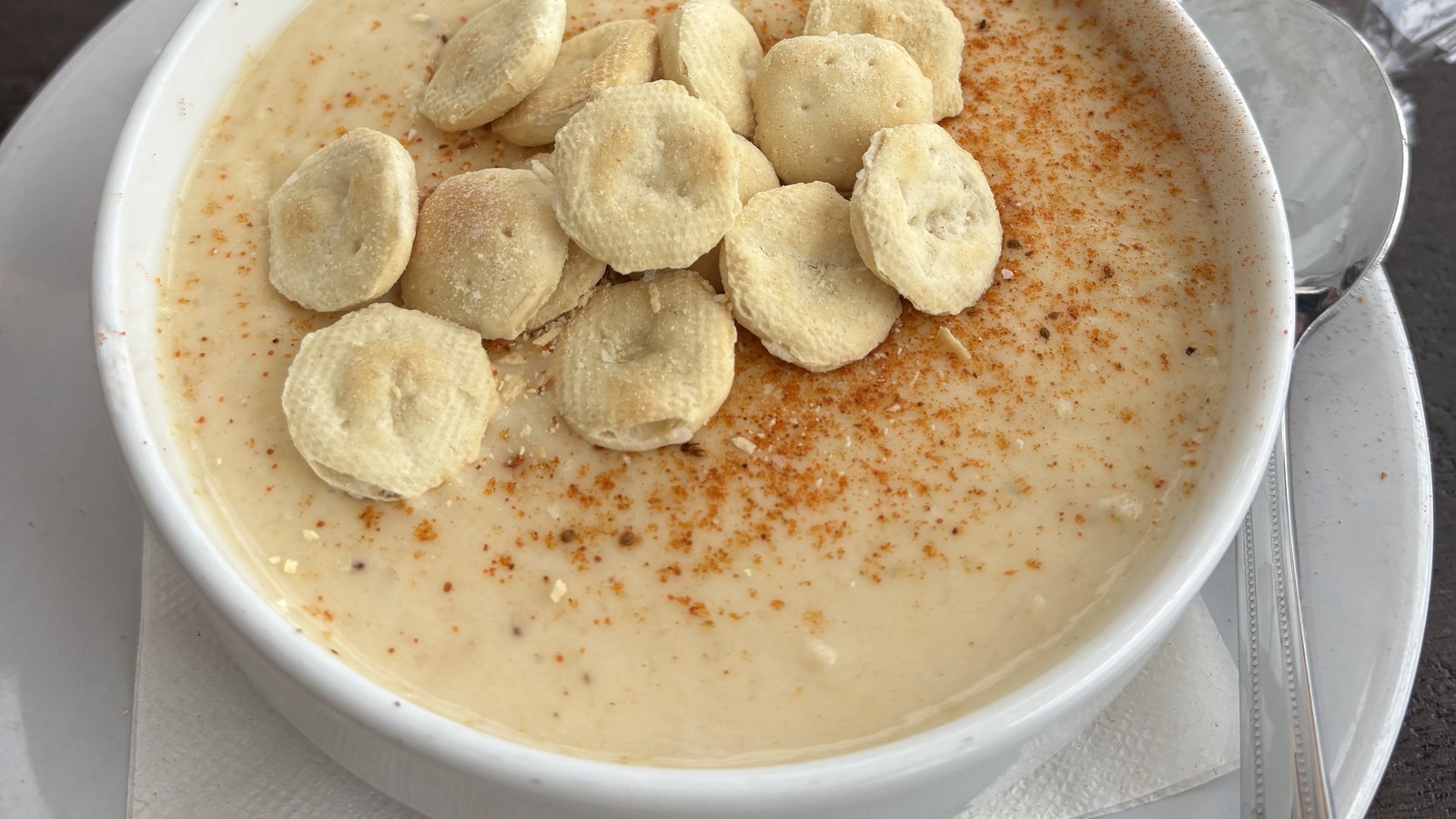 Bowl of she-crab soup topped with oyster crackers at Waterman's Surfside Grille