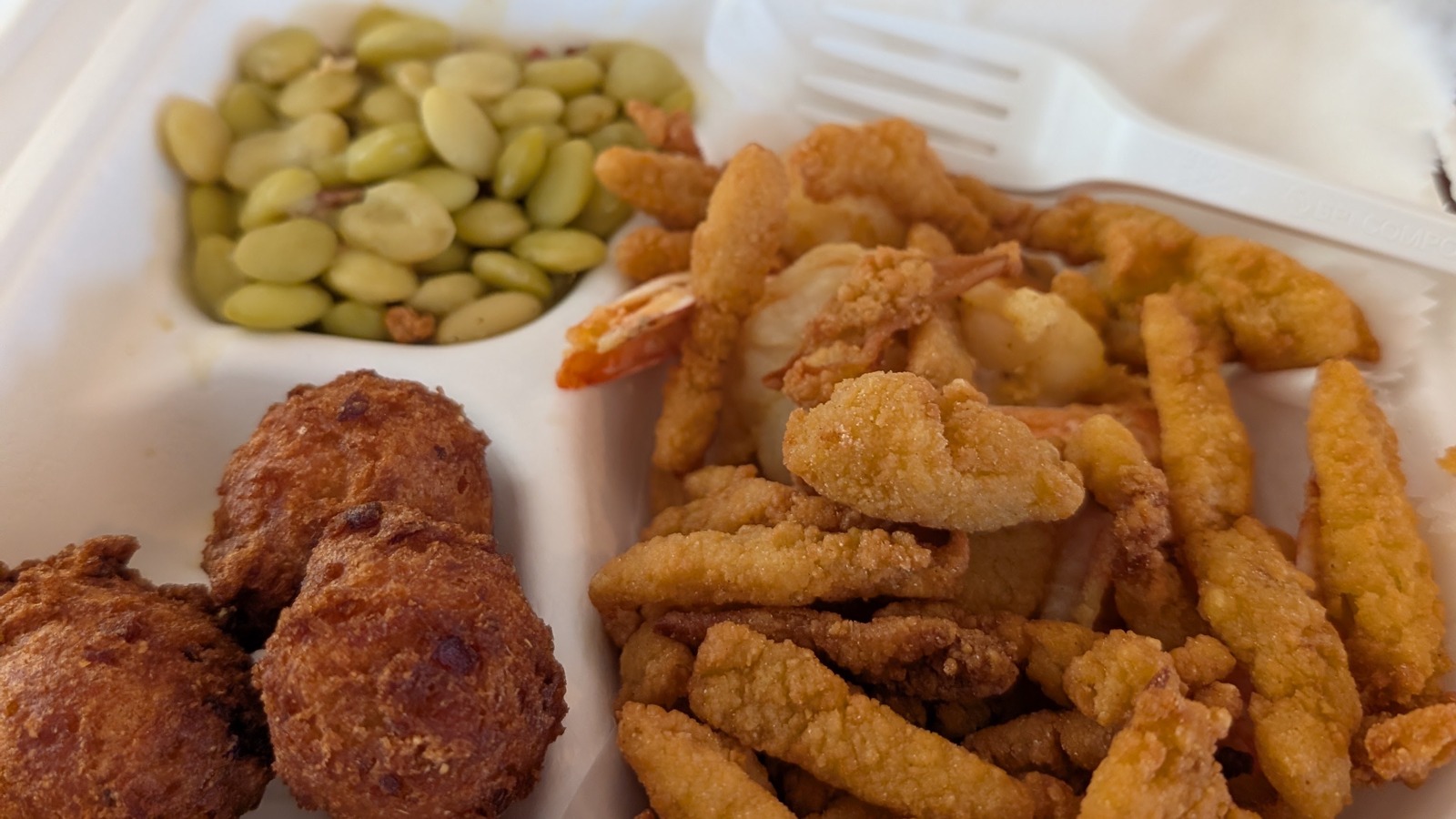 Fried seafood sampler with crab balls and lima beans at The Great Machipongo Clam Shack