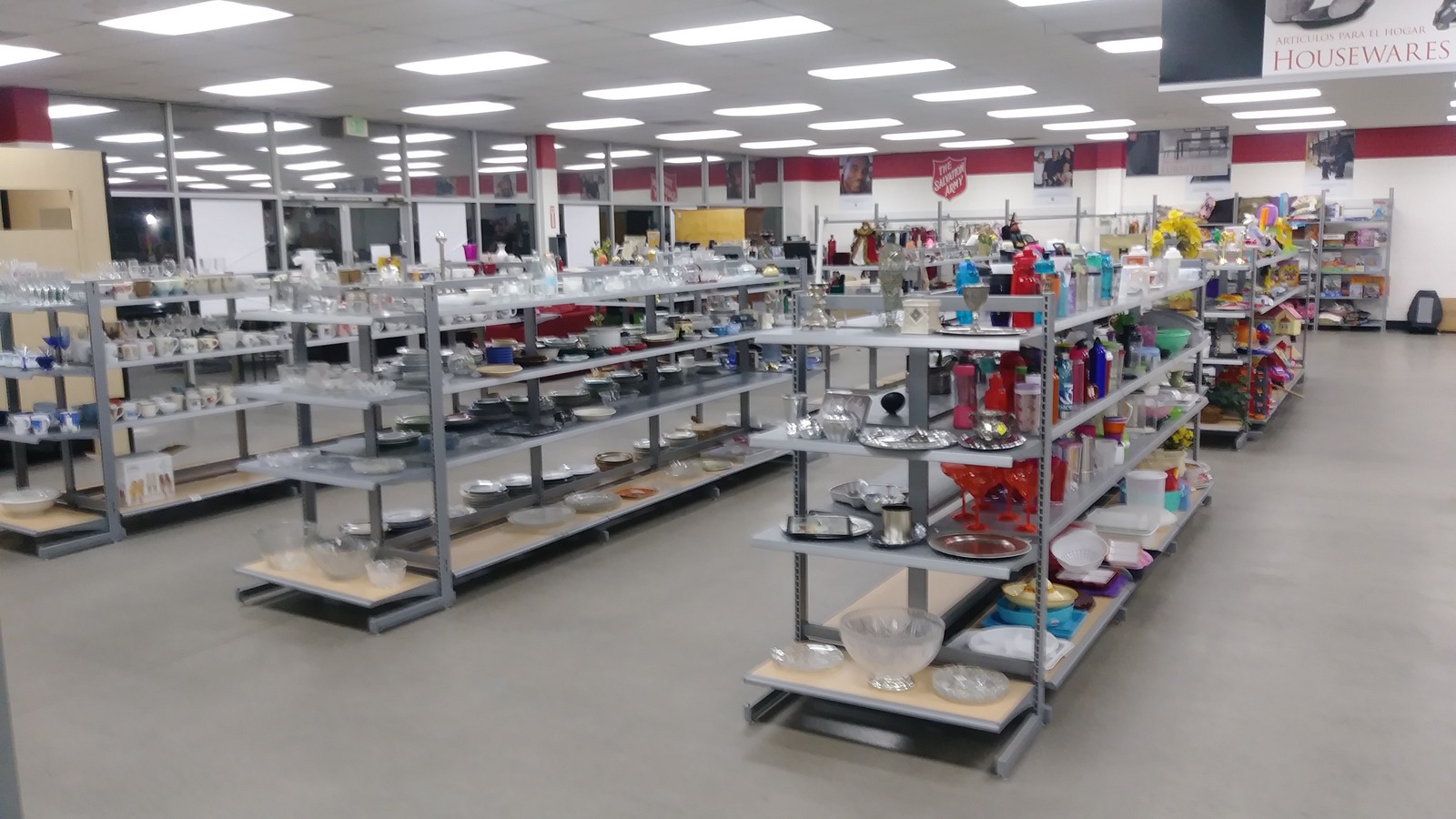 Long rows of housewares and shelves inside The Salvation Army Thrift Store in Bakersfield
