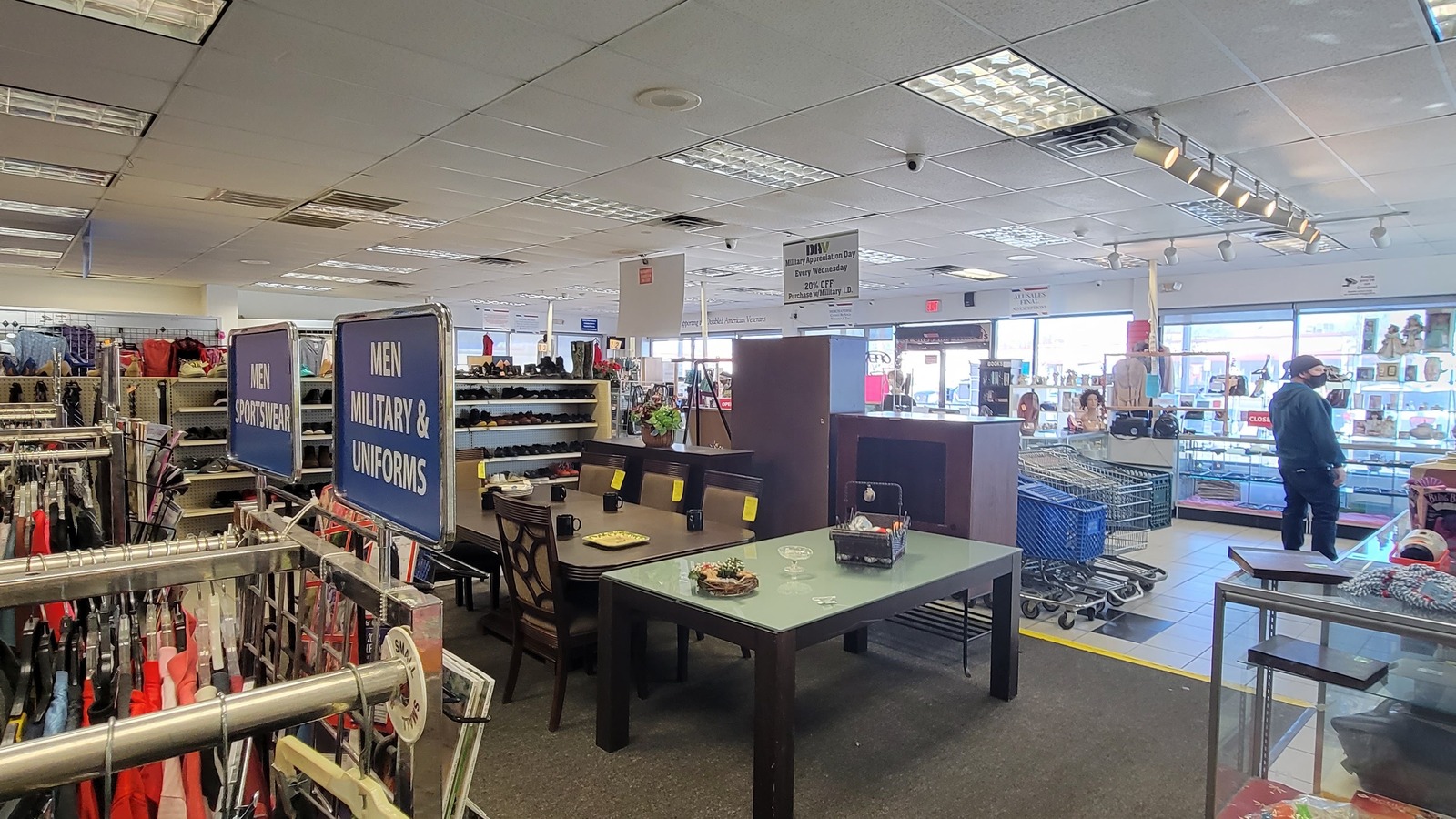 Wide sales floor with clothing racks and home goods inside DAV Thrift Store on Virginia Beach Boulevard