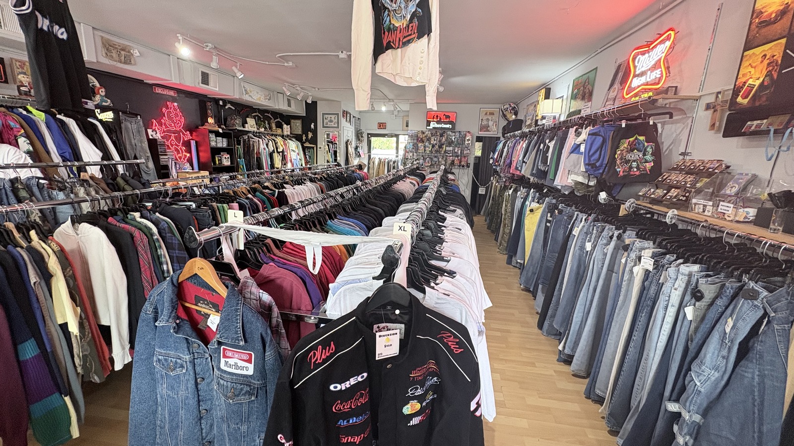 Long row of vintage clothing racks inside Diversion in Orlando