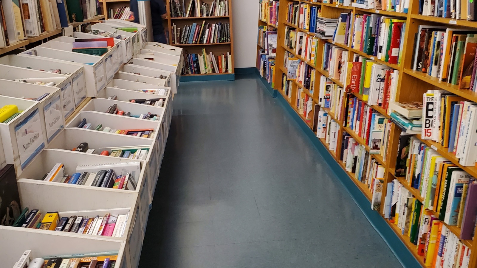 Long rows of books inside Dorcas Thrift Shop in Cary