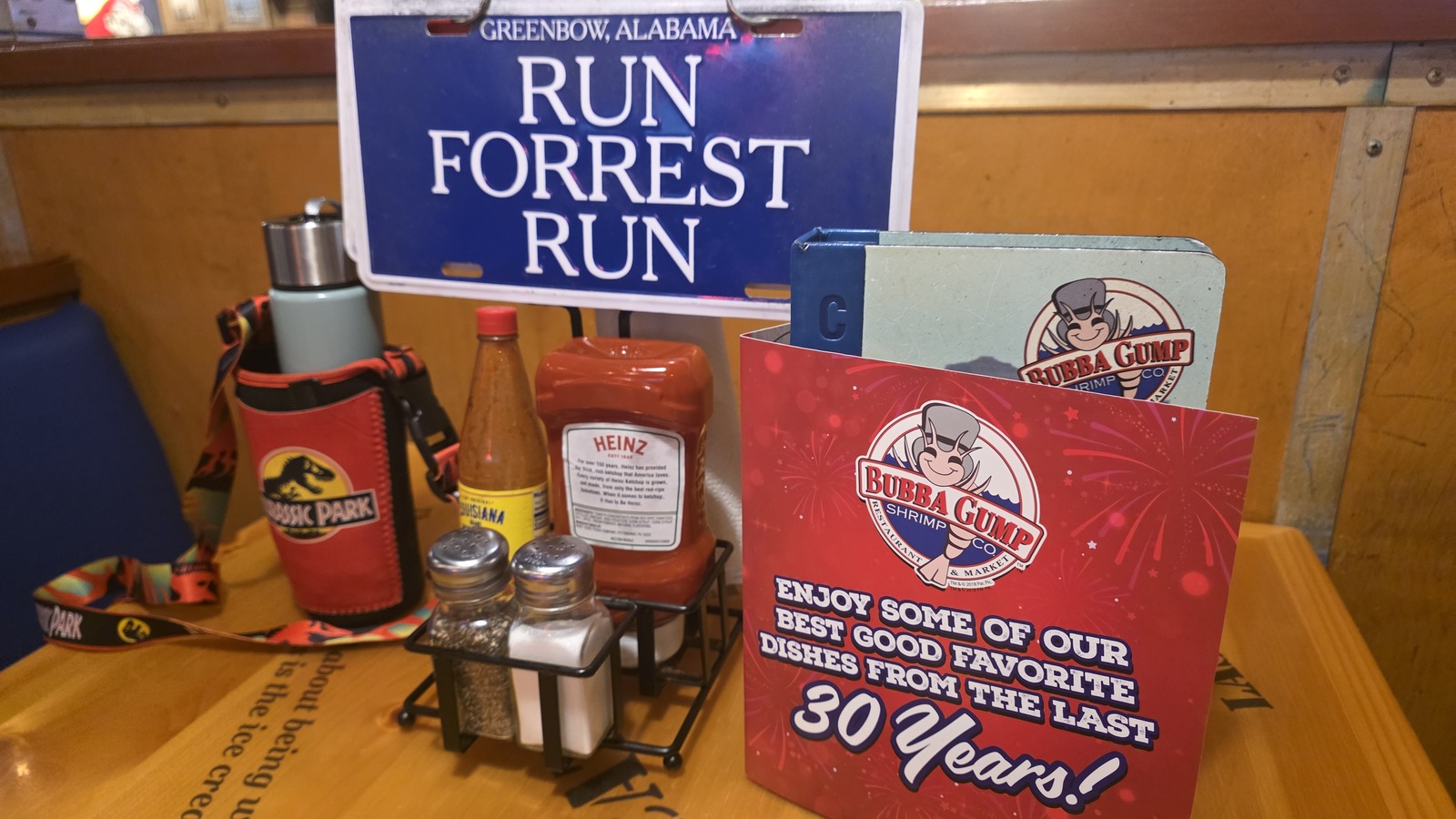 Run Forrest Run sign and table setup inside Bubba Gump Shrimp Co. Orlando
