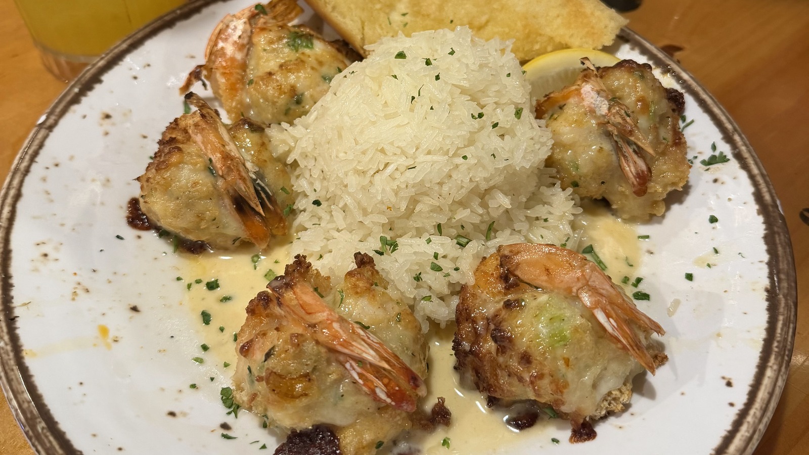 Stuffed shrimp plate with steamed rice at Bubba Gump Shrimp Co. Orlando