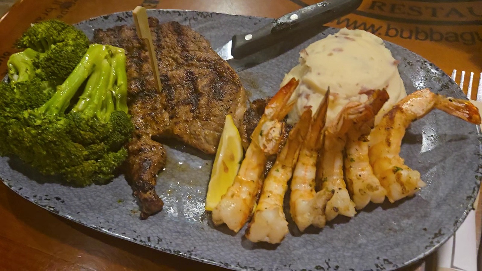 Ribeye and shrimp plate with broccoli and mashed potatoes at Bubba Gump Shrimp Co. Orlando