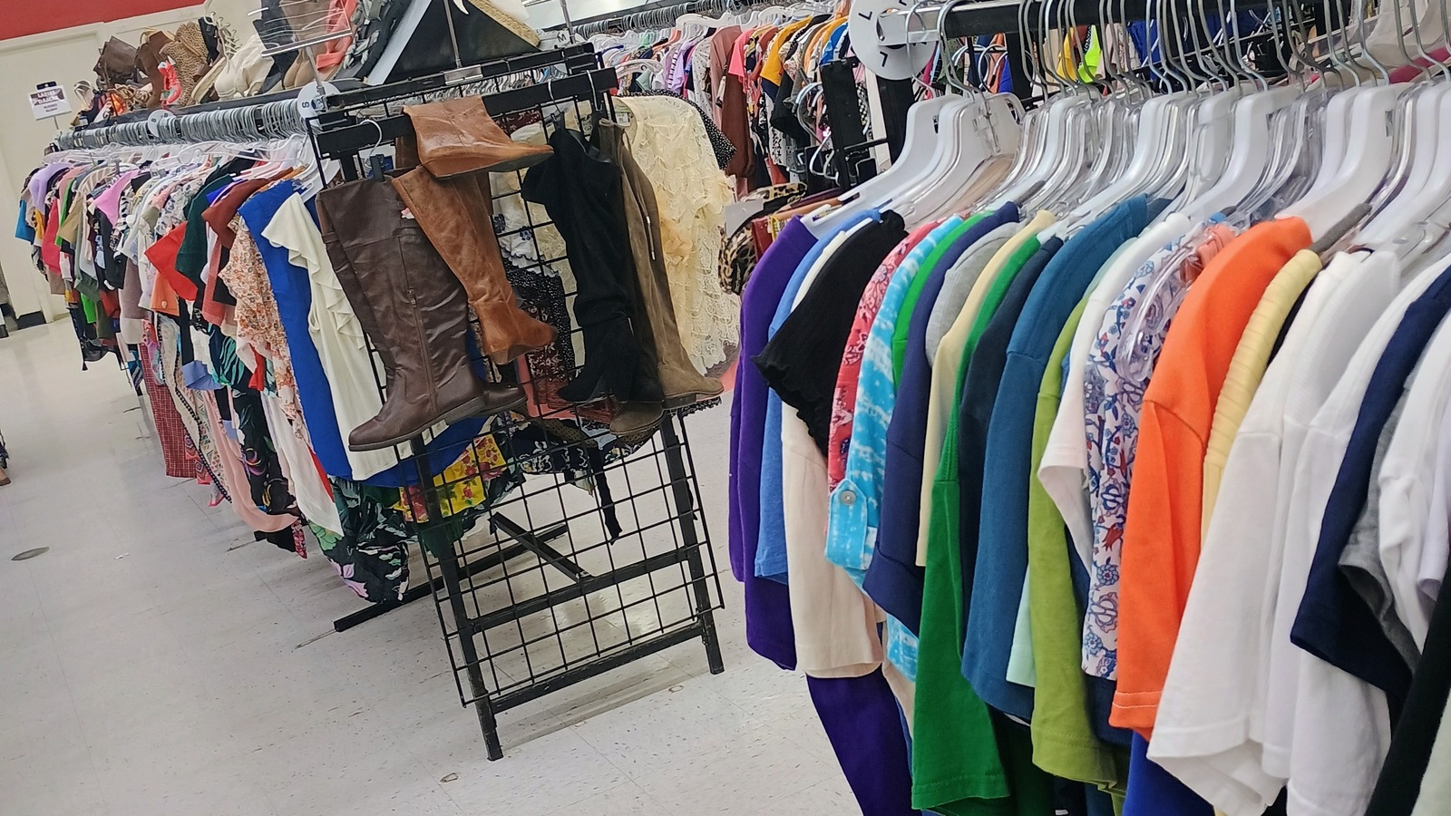 Colorful clothing racks inside Texas Thrift Store in Harlingen