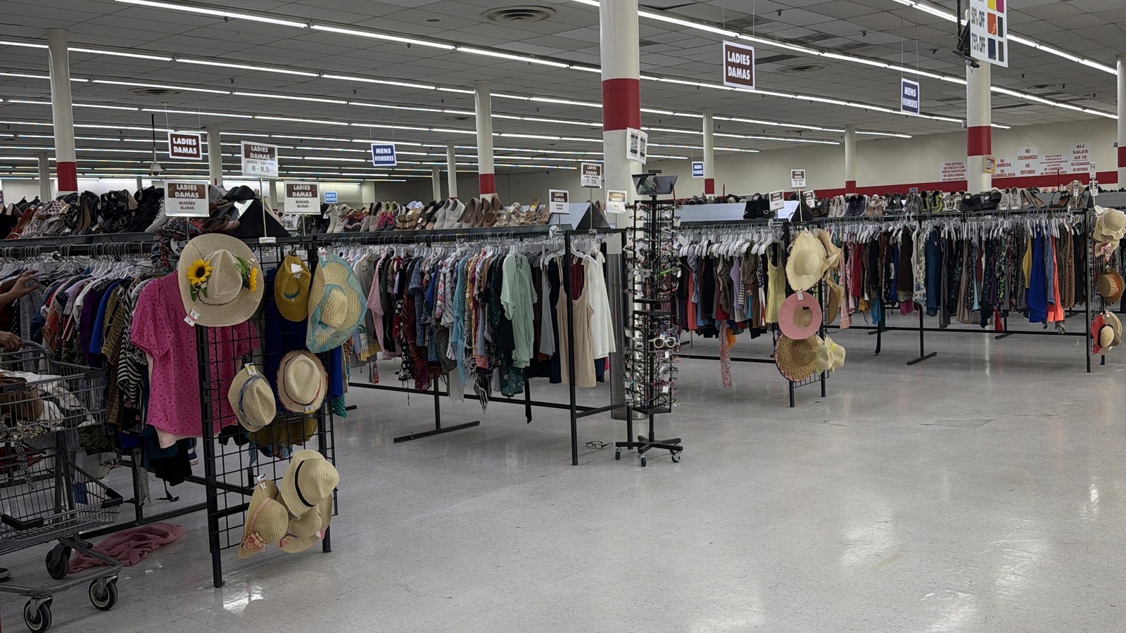 Accessories and hats arranged inside Texas Thrift Store in Harlingen