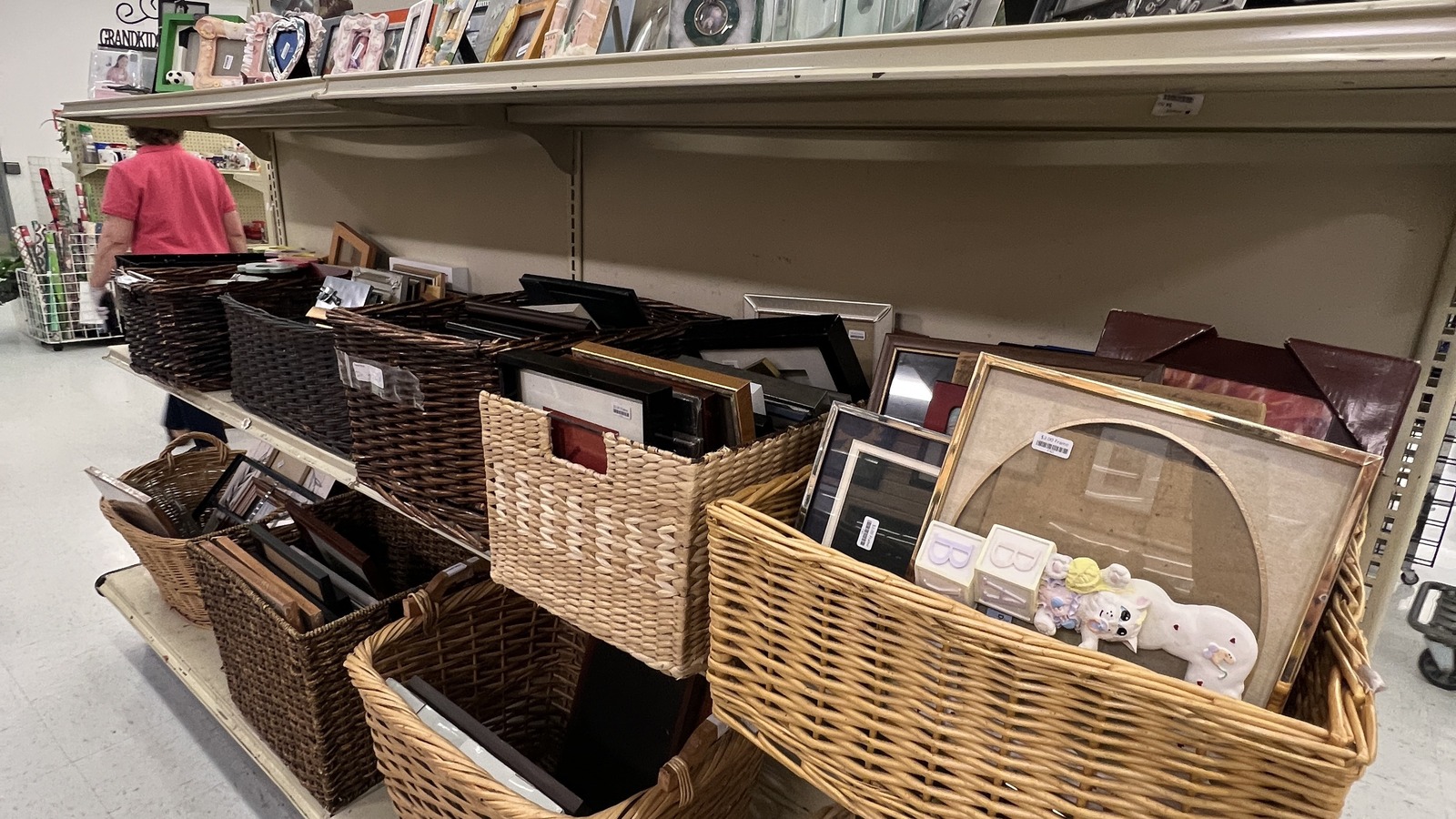 Home shelves and baskets inside Dorcas Thrift Shop in Cary