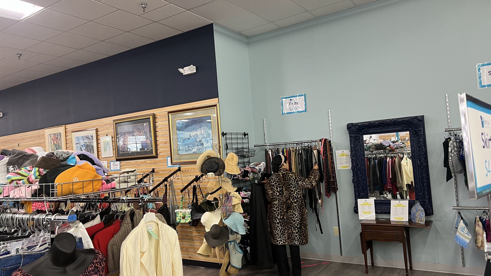 Boutique-style clothing corner inside Dorcas Thrift Shop in Cary