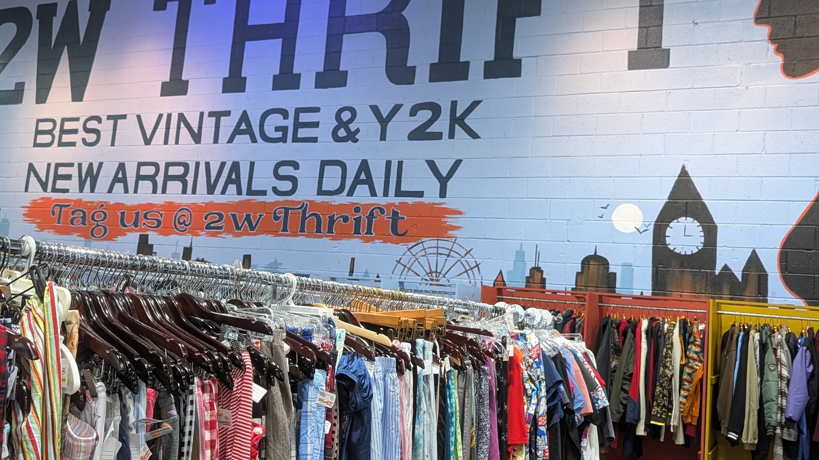 Secondhand shopping scene at 2W Thrift Store in Atlanta