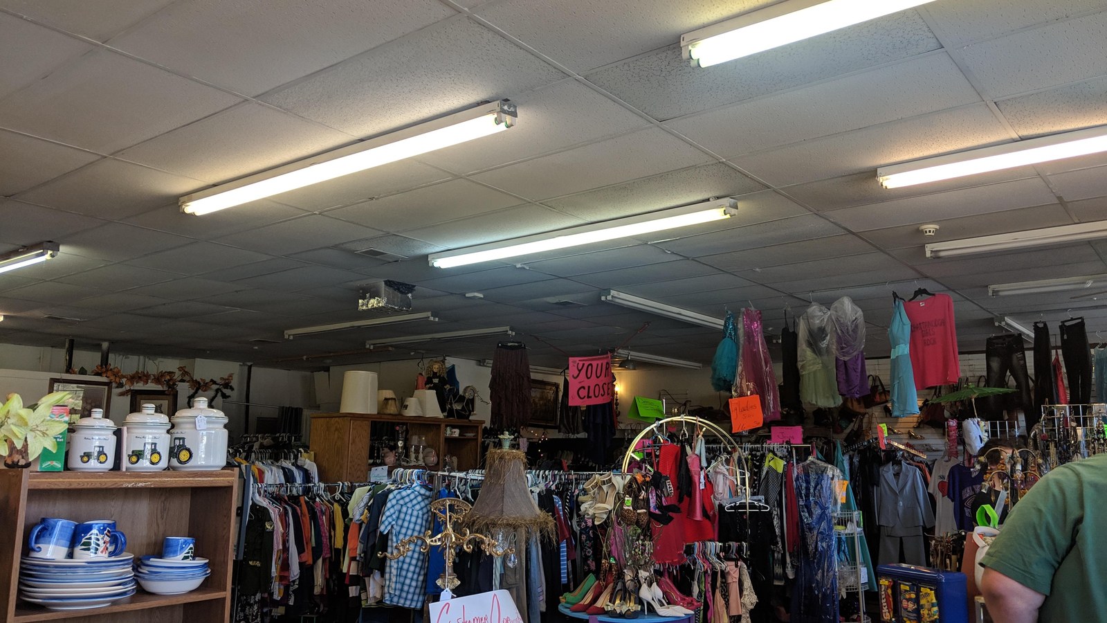 Clothing racks and housewares at Pop's and Granny's Thrift Store in Chattanooga