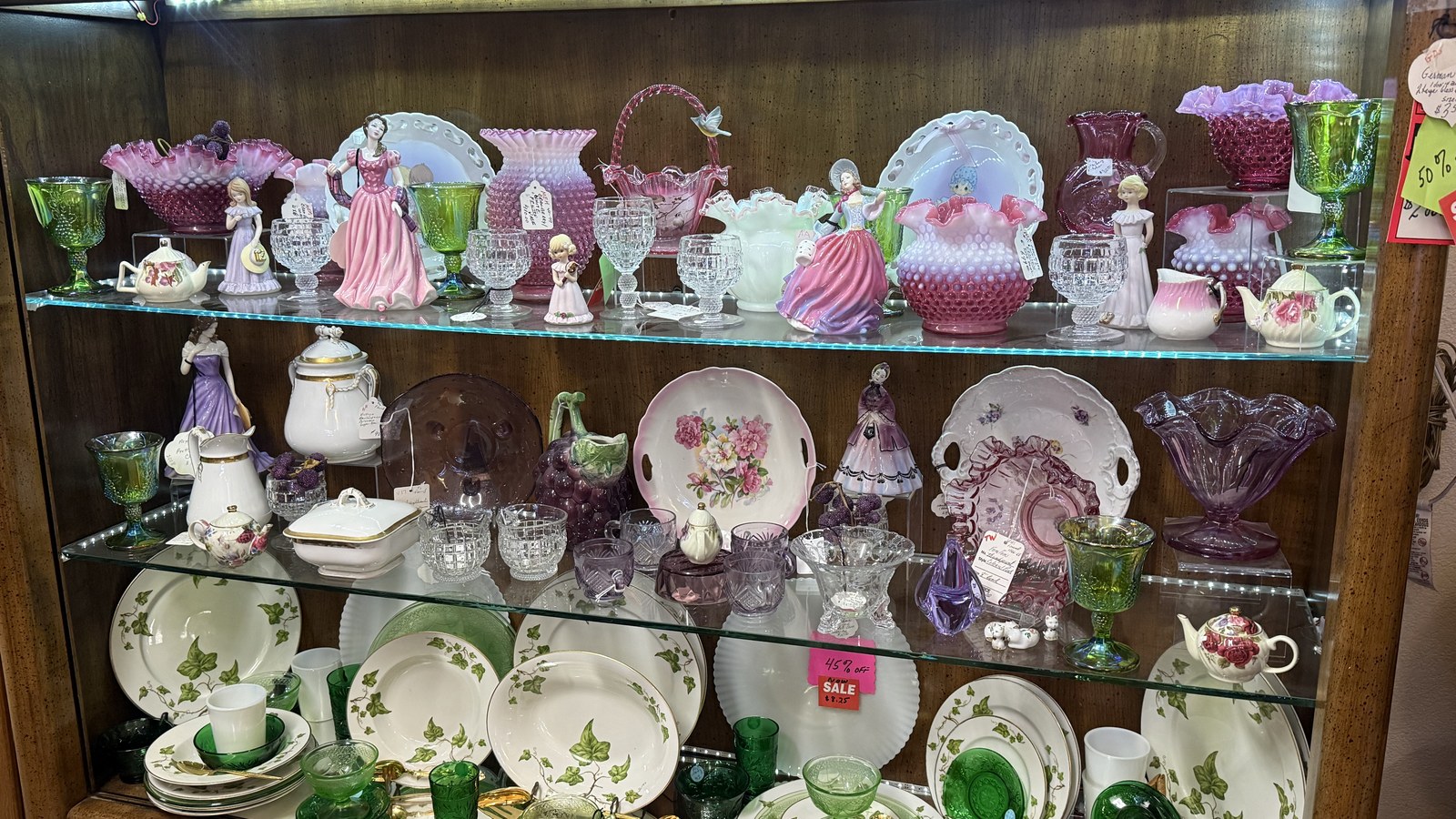 Colorful antique glassware and china at Airport Antiques in Pendleton Oregon