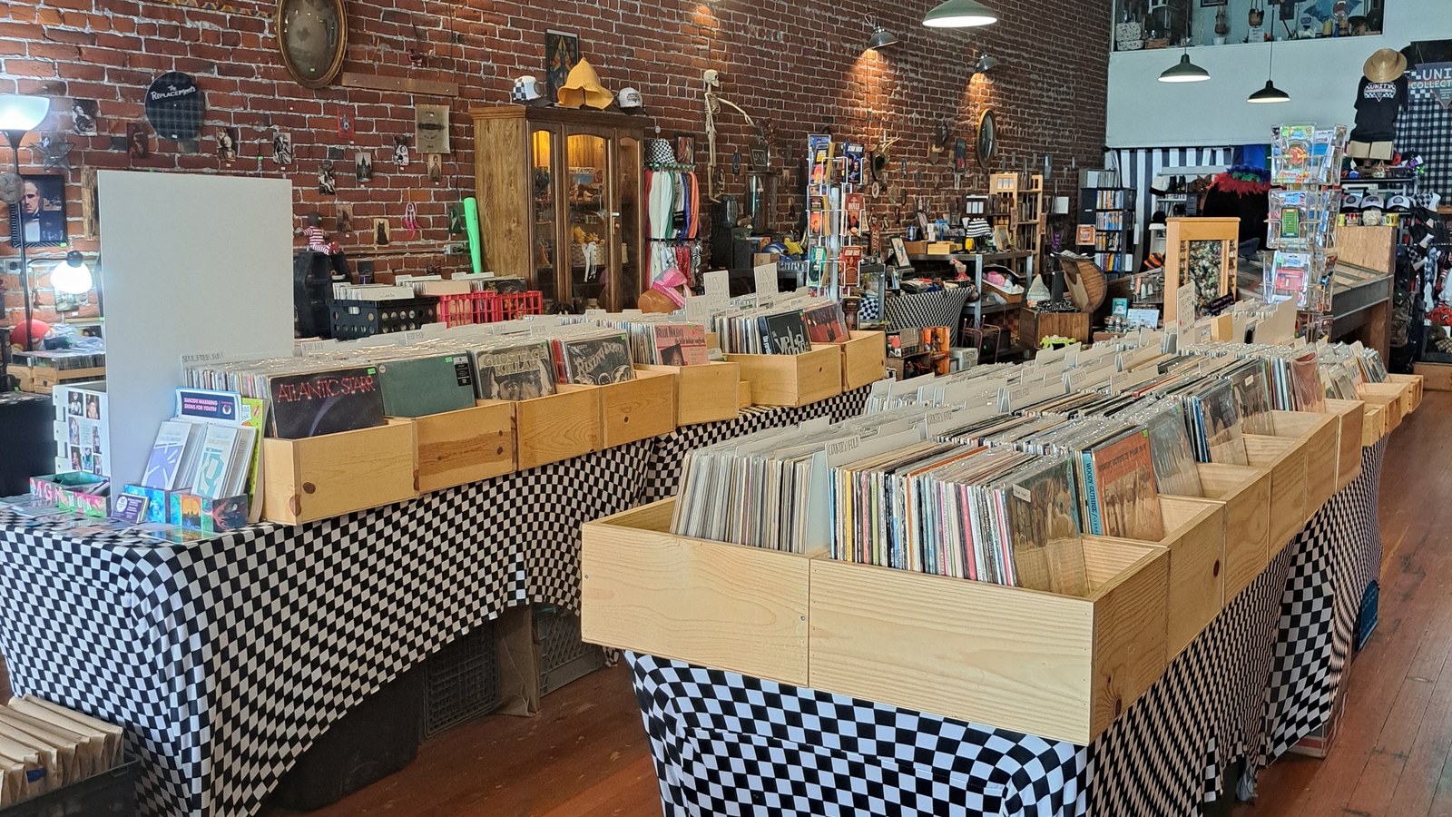 Vinyl record bins and collectibles at Unity Collectibles in downtown Pendleton Oregon