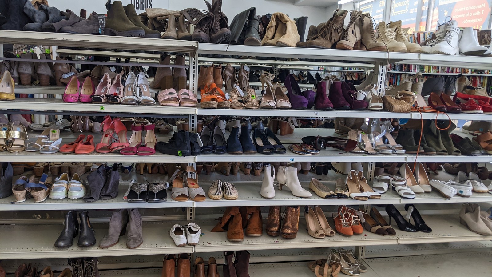 Long shoe aisle at American Thrift Store in Hollywood