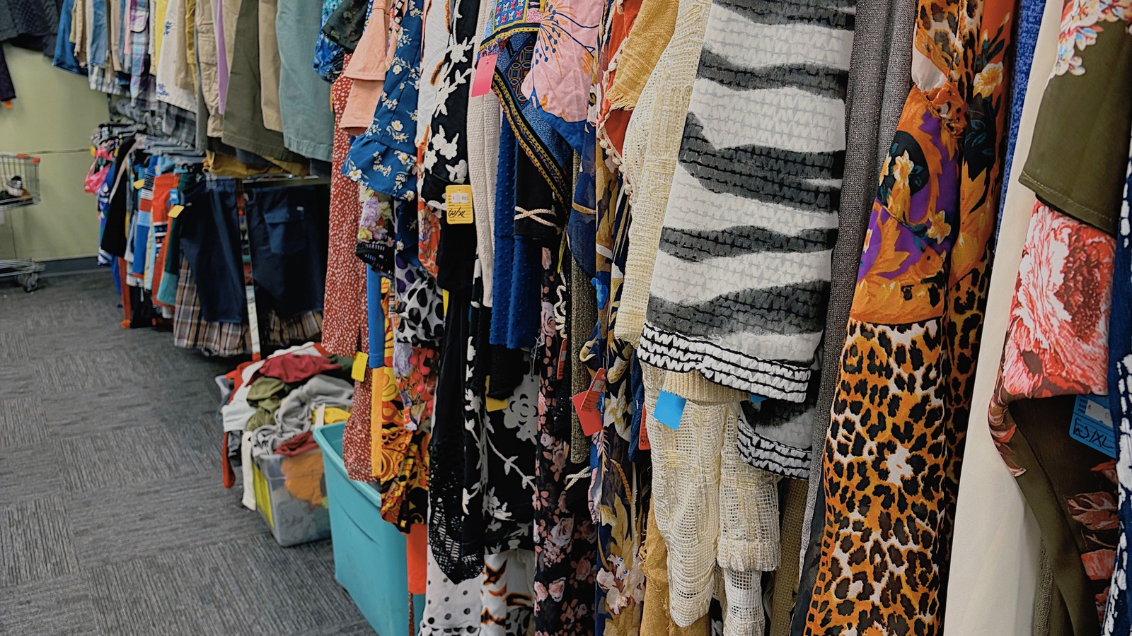 Colorful dresses and patterned clothing on racks at New Life Thrift in Glenside