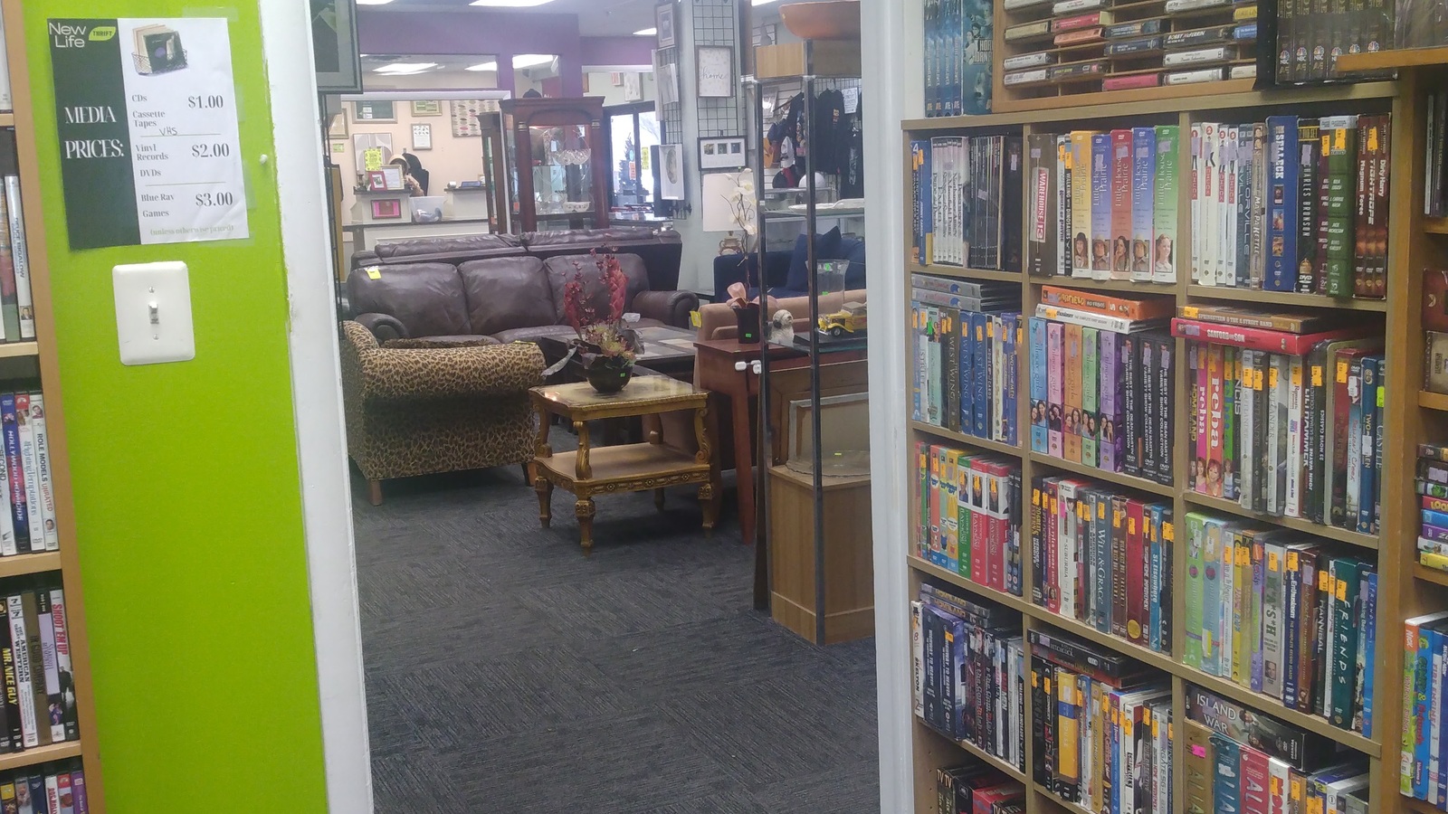 Bookcases and media shelves in the book section at New Life Thrift in Glenside