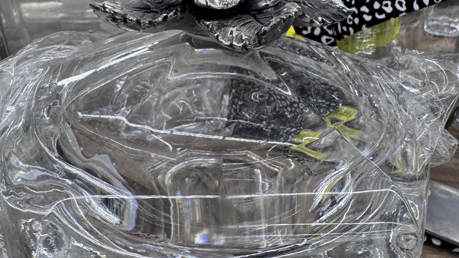 Detailed clear glass serving dish found in the Hialeah housewares section