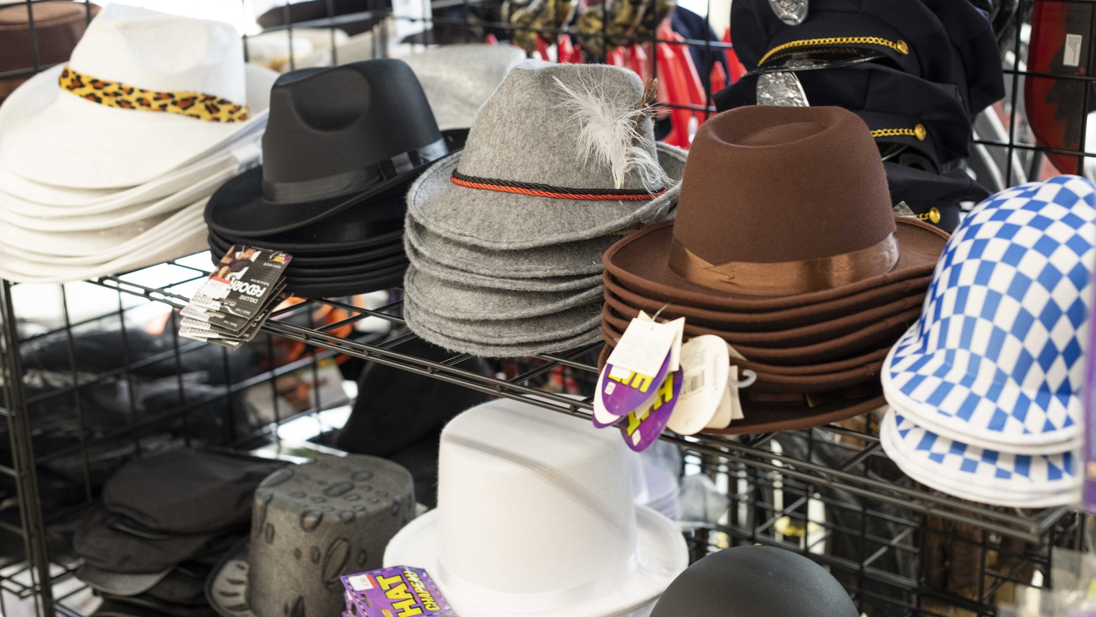 Fedoras cowboy hats and costume hats on a Jasper thrift store display