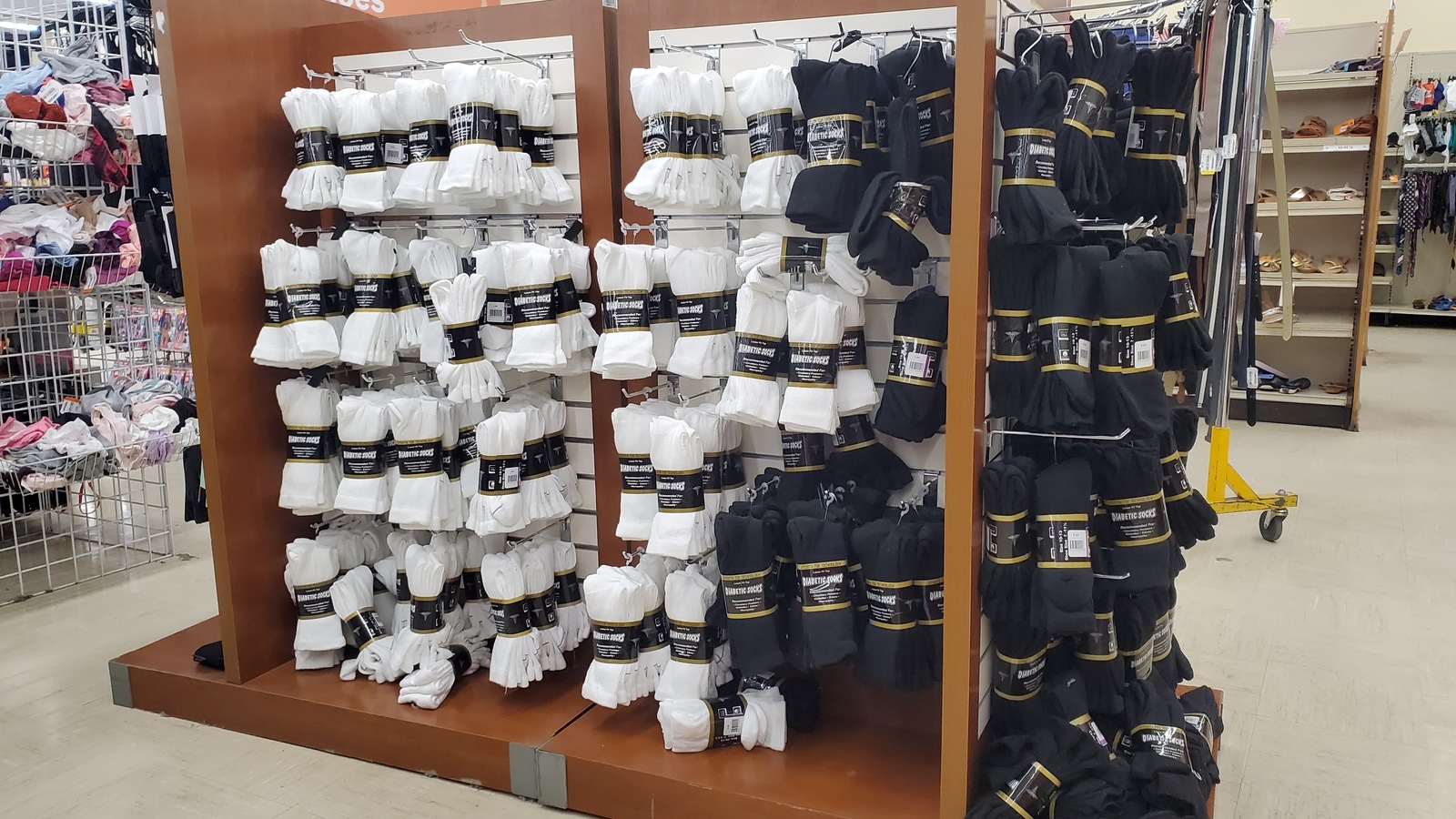 Socks and everyday accessories arranged on freestanding displays