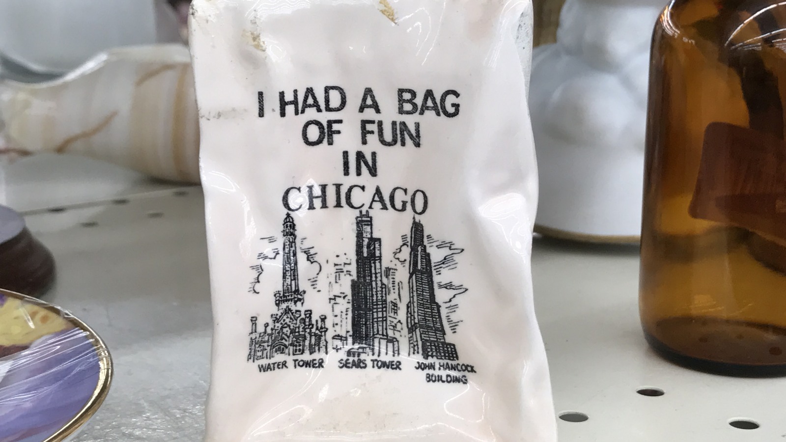 Vintage Chicago souvenir bag on a collectibles shelf