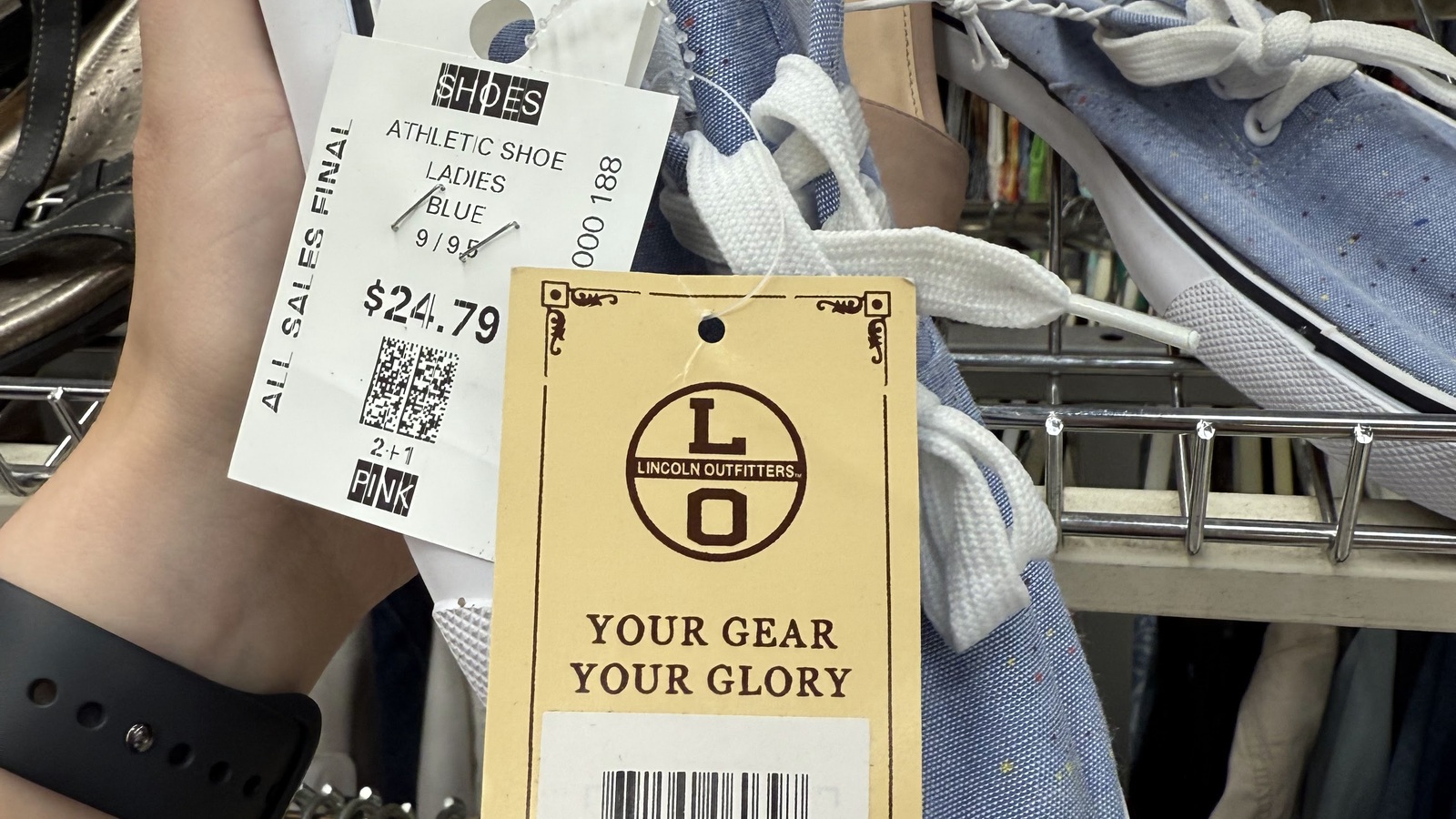 Athletic shoes with original retail tags at Valley Thrift Store in Fairfield