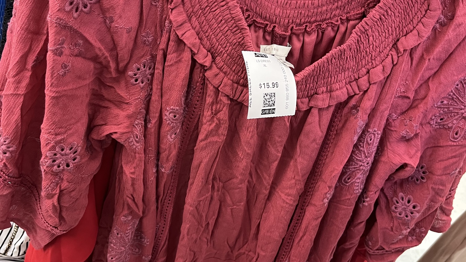Red embroidered blouse among the clothing finds at Valley Thrift Store