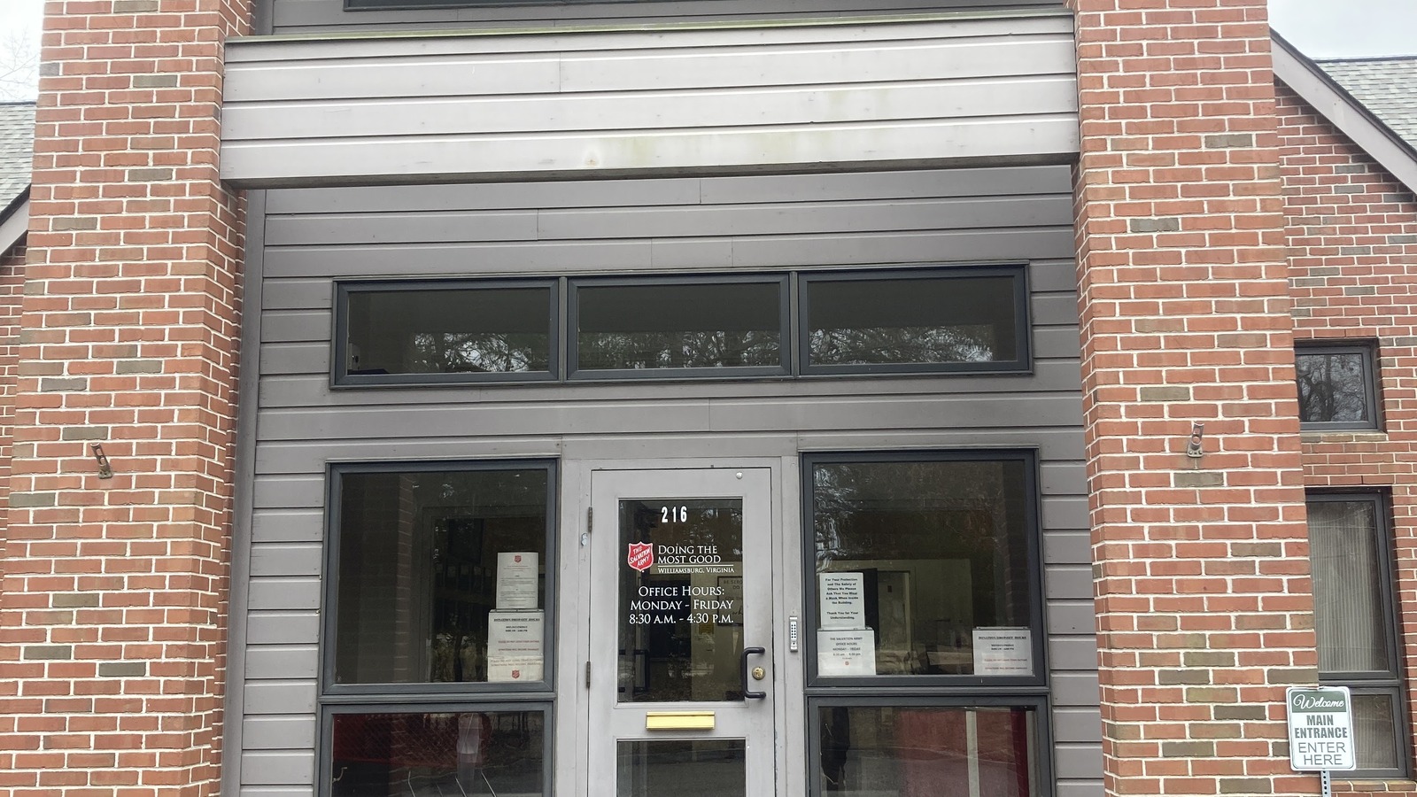 Brick entrance to The Salvation Army on Ironbound Road in Williamsburg