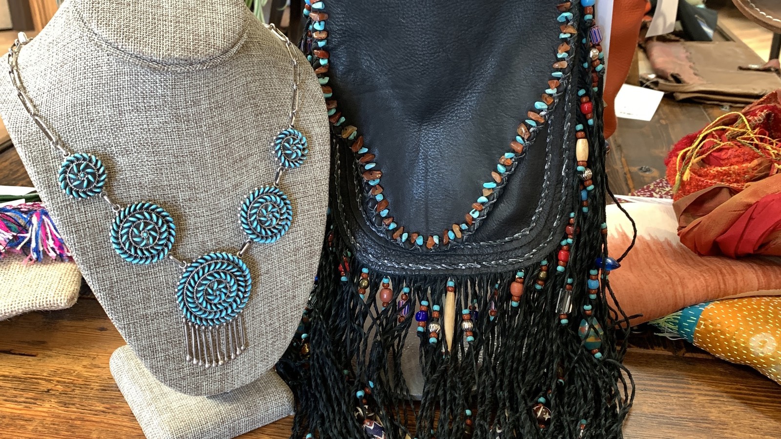 Turquoise necklaces and handcrafted accessories at Art.i.fact in Santa Fe