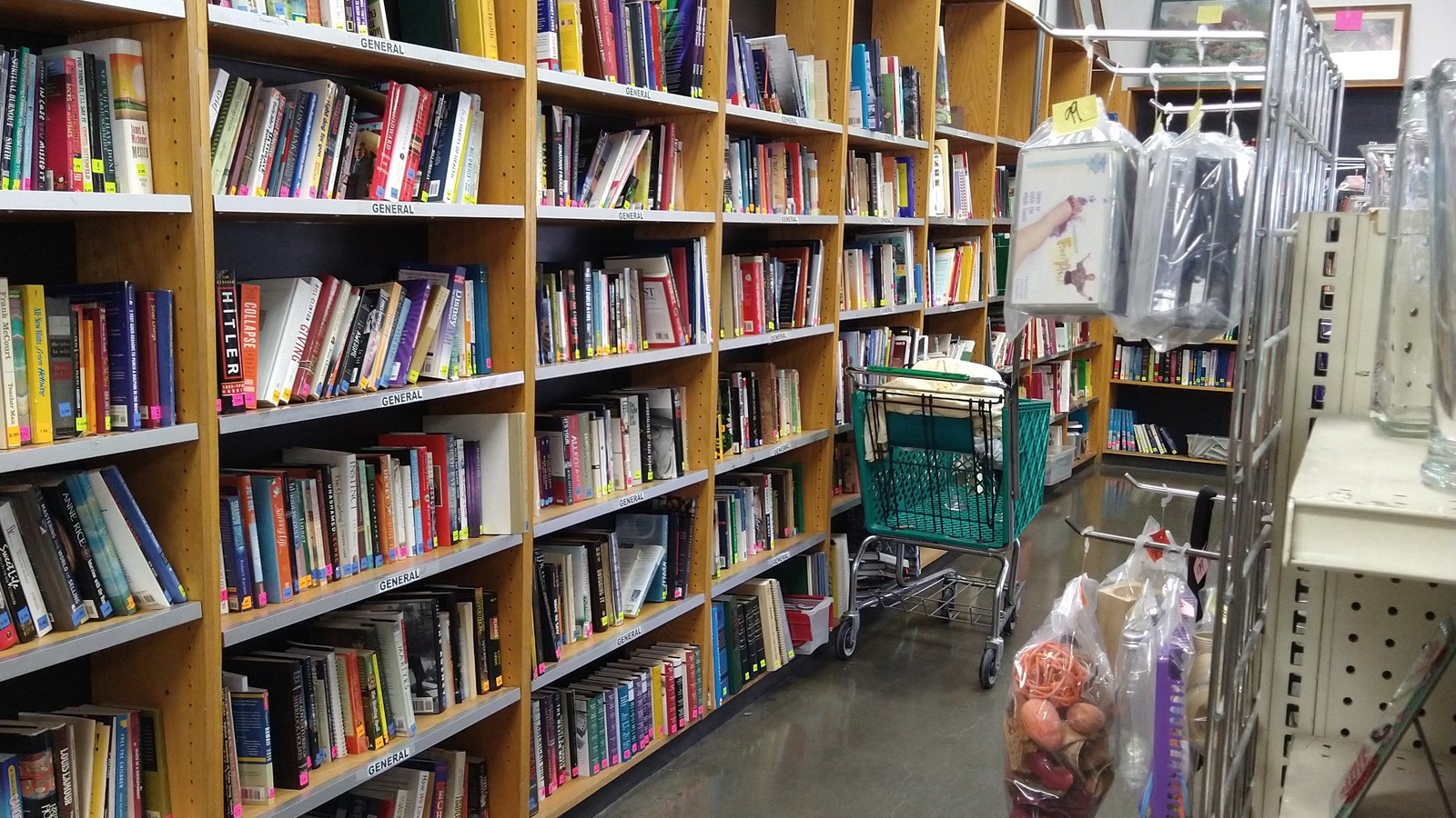 Colorful shelves of secondhand books in the Chino store