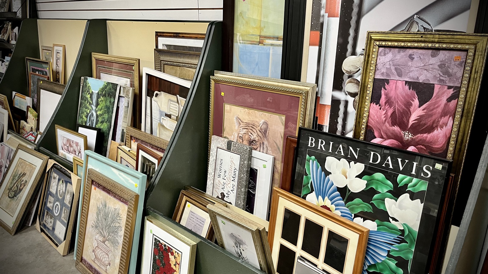 Framed floral art, prints, and pictures arranged in rows